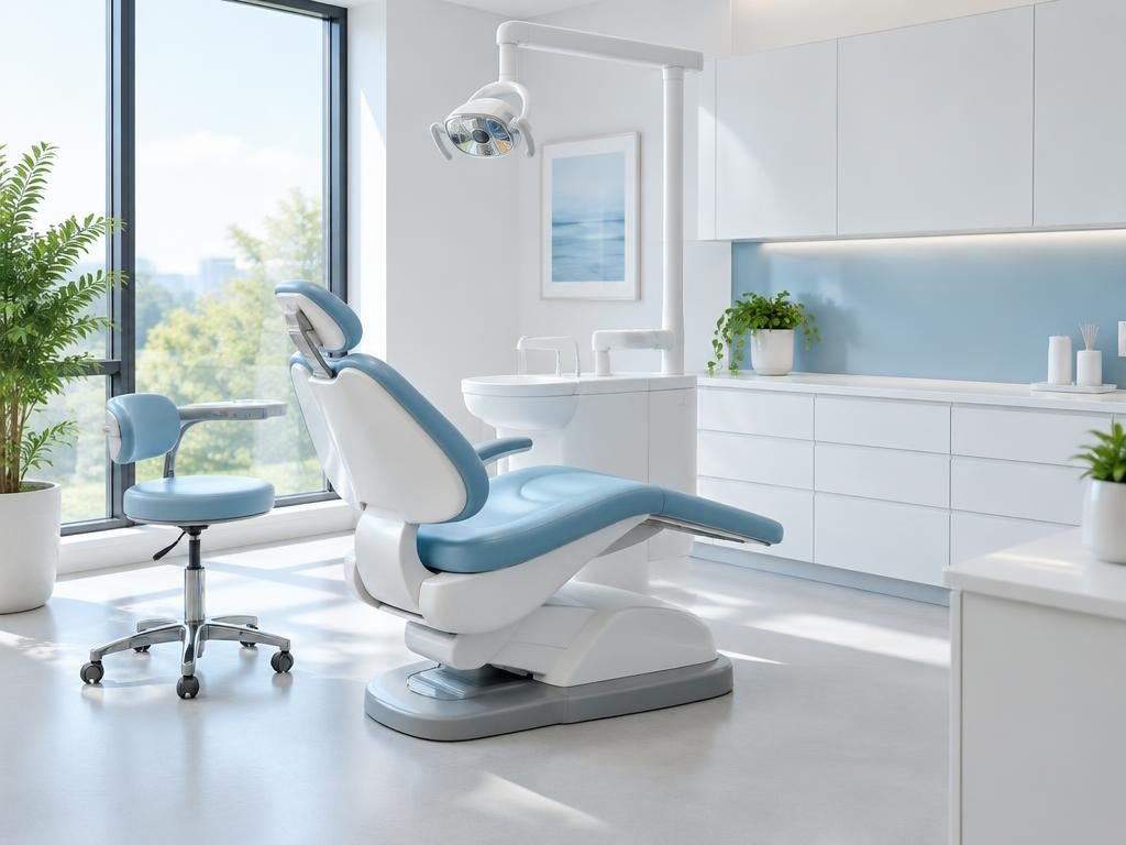 Bright contemporary dental treatment room with a blue chair