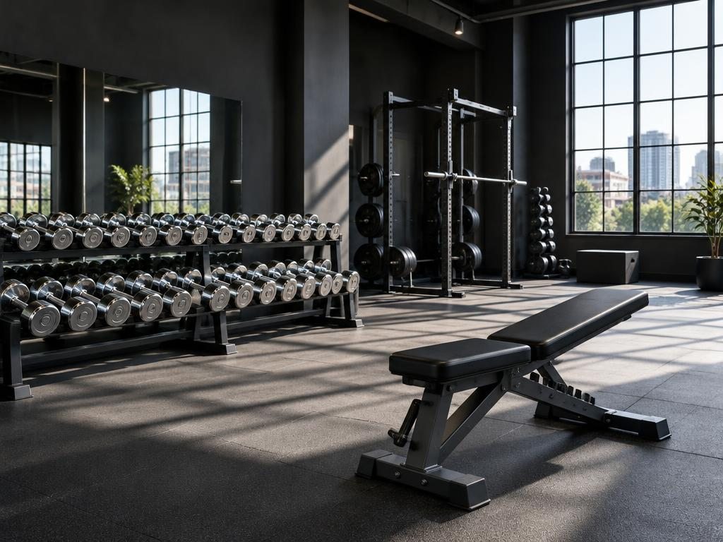 Modern training studio with dumbbells and a weight bench